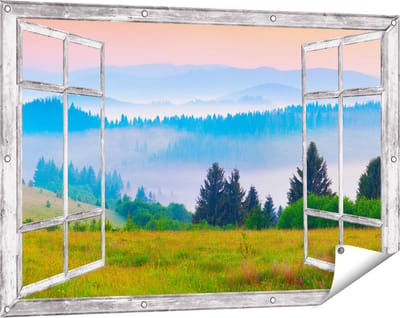 Gards Tuinposter Doorkijk Mistige Heuvel Landschap met Bossen - 120x80 cm - Tuindoek - Tuindecoratie - Wanddecoratie buiten - Tuinschilderij