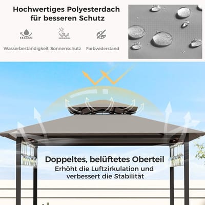 Savona Outdoor Luxe Tuinbarset met Grillpaviljoen 194 x 121 x 242 cm, Bartafel van Gehard Glas, 2 Ergonomische Barkrukken, Dubbel Dak en Glashouders voor Terras, Tuin en Buitenkeuken