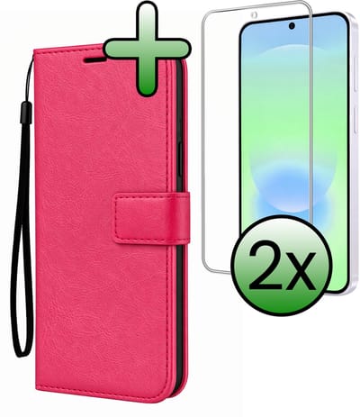 Hoesje Met 2x Screenprotector - Geschikt voor Samsung Galaxy A37 - Luxe Pasjeshouder - Bookcase Portemonee - Flip Case - Kunstleer Book Case - Flipcase Hoes - Book Cover - Walletcase - Portemonneehoes - Donkerroze