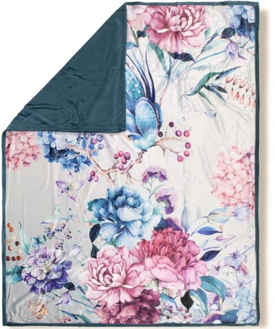 Luxe Plaid 130x160 cm - Bloemen en Vogel Print - Grijs/Blauw/Roze - Polyester - Voor 1 Persoon