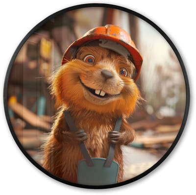 Poster in lijst Rond - Fotolijst 60x60 cm - Posters - Bever - Bouw - Bouwhelm - Dier - Ronde posterlijst zwart - Decoratie - Wanddecoratie woonkamer - Muurdecoratie slaapkamer
