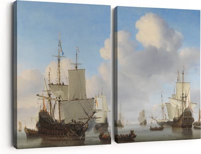 Artaza Canvas Schilderij Tweeluik Hollandse Schepen op een Kalme Zee - Willem van de Velde - 60x40 - Klein - Foto Op Canvas - Canvas Print