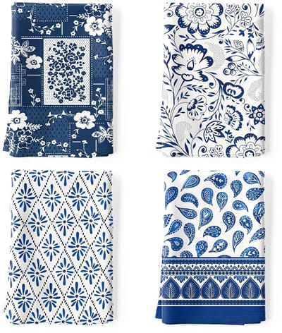 Dailygoods- Theedoeken Set van 4 - 100% Katoen - Sneldrogend - Multifunctioneel - Keukenhanddoeken - Retro Blauw Patroon