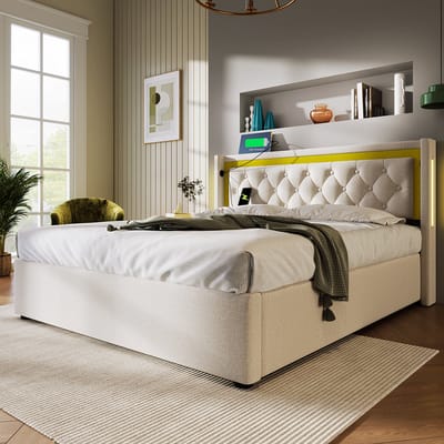 KOMHTOM Bed Tweepersoons 140x200 cm ledikant met opbergvak en USB type C hoofdeinde opbergbed tienerbed met matras