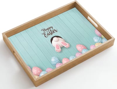 Dienblad hout 50x35 cm - Schootdienblad - Paashaas - Paaseieren - Blauw - Happy Easter - Borrelplank rechthoek - Plateau dienbladen