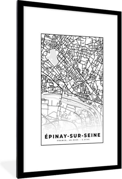 Fotolijst incl. Poster Zwart Wit- Stadskaart - Plattegrond - Kaart - Frankrijk - Épinay-sur-Seine - Zwart wit - 80x120 cm - Posterlijst