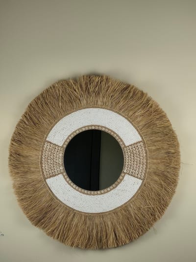Blitzdeco - Wandspiegel - Melanie - Ronde Raffia Kralen - Beige/Wit - Handgemaakt Uniek - 60CM