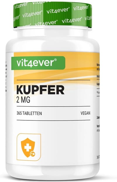 Koper - 365 tabletten met elk 2 mg - 1 jaarvoorraad - Hoge biologische beschikbaarheid - Kopergluconaat - Hooggedoseerd - Veganistisch - Zonder ongewenste toevoegingen | Vit4ever