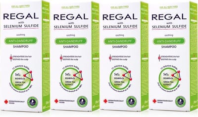 Regal Anti Roos Selenium Sulfide Shampoo Voordeelverpakking 4 Stuks – Alle Haartypes – met Bisabolol & Groene Thee-extract – 4 x 200ml