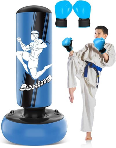 165 cm opblaasbare bokszak voor kinderen, bokszak met bokshandschoenen voor het oefenen van MMA Karate Taekwondo en om opgehoopte energie te verlichten (blauw)