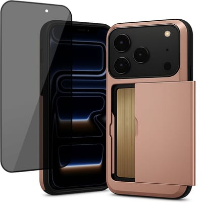 Hoesje met Pasjeshouder geschikt voor iPhone 17 Pro - Privacy Screen Protector FullGuard - Back Cover SlideCase Roségoud & Screenprotector