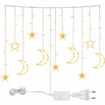 Gloovon® LED Lichtgordijn Sterren en Maan - 8 Lichtstanden & Warm Wit - Raamverlichting voor Binnen - 3,5 Meter - 12 Strengen - 220V