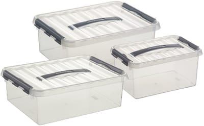 Sunware Q-Line opberg boxen set - 3 maten - 6-10-12 liter - kunststof - transparant/grijs