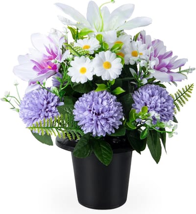 SnelShoppen - Kunstbloemen in Potten, Witte en Paarse Chrysanten, Lelies en Madeliefjes voor Grafdecoratie, Herinneringsbloemen, Perfect voor Begrafen