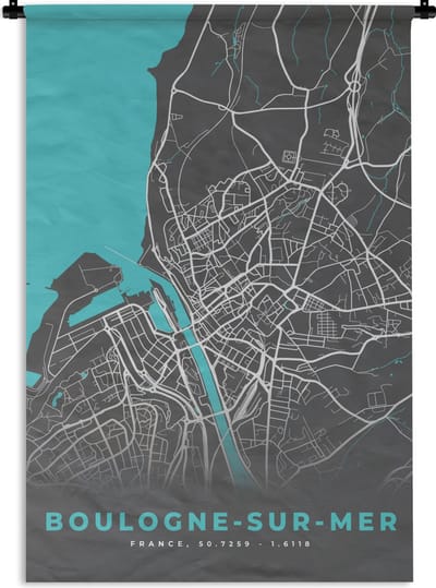 Wandkleed - Wanddoek - Frankrijk - Boulogne-sur-Mer - Stadskaart - Kaart - Plattegrond - 120x180 cm - Wandtapijt