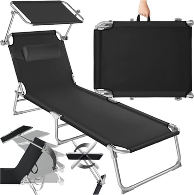 tectake® Ligstoel met Zonnescherm - Opvouwbaar Ligbed - Zonnebed met Verstelbare Rugleuning in 4 Standen - Inclusief Hoofdkussen - Strandstoel voor Buiten - Ideaal voor Tuin, Zwembad, Camping - Zwart