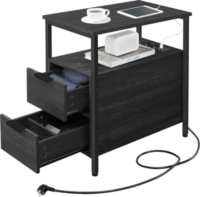 FurnStar - Bijzettafel - Nachtkastje met Stekkerdoos - 2 Laden - Banktafel - Nachtkastje voor Woonkamer en Slaapkamer - Antracietgrijs - Inktzwart