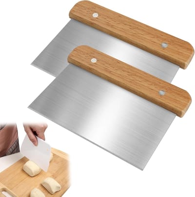 Set van 2 deegschrapers van roestvrij staal met houten handvat, ideaal voor snijden, schrapen en mengen van deeg