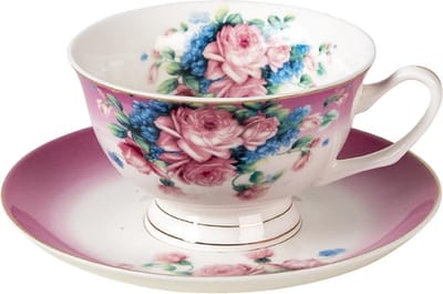 Clayre & Eef Kop en Schotel 200 ml Paars Porselein Bloemen