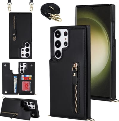 Casemania Hoesje Geschikt voor Samsung Galaxy S23 Ultra - Zwart - Luxe Back Cover met Koord & Rits - Wallet Case met Pasjeshouder - Lanyard Telefoonhoes - Cord Case