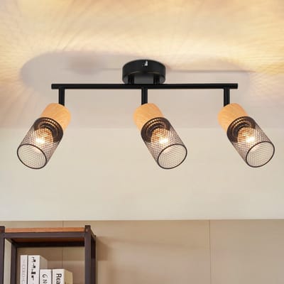 NETTLIFE Opbouwspot E14 - Hout - L 38.3cm - rechthoekig - 3-Lichts - Vintage Plafondlamp - 350° draaibaar Plafondspot - voor Slaafkamer | Kantoor | Woonkamer - Zonder Lichtborn
