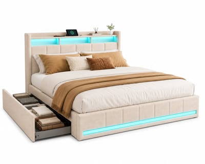 Jurrys Bed - Slaapbed - Gestoffeerd bed - Twee persoons bed - 4 lades - Led light - Opbergruimte - Beige - Hout - 140x190cm