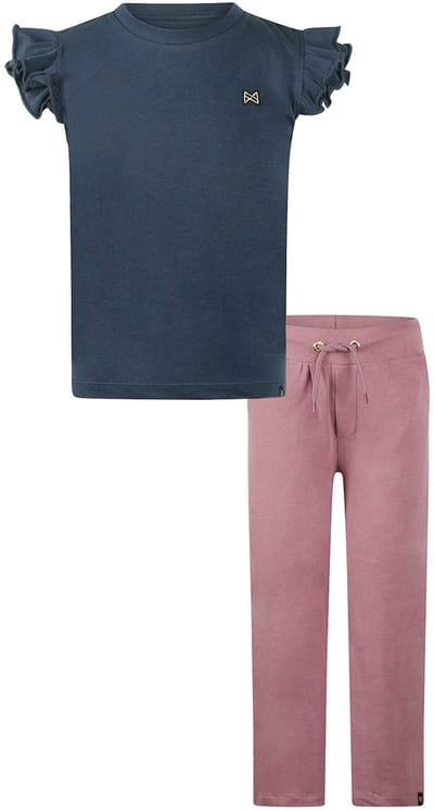 Koko Noko - Basic collection - Biologisch katoen - Kledingset - 2 delig - Joggingbroek Mauve - Shirt Blauw met roesjes - Maat 92