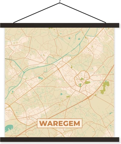 Posterhanger incl. Poster 60x60 cm - Schoolplaat - Plattegrond - Vintage - Kaart - Stadskaart - Waregem - Textielposter - Zwarte latten - Stadskaart