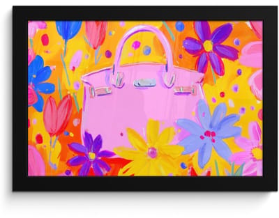 Poster in lijst - Fotolijst 30x20 cm - Posters - Tas - Roze - Bloemen - Posterlijst zwart - Decoratie - Wanddecoratie woonkamer - Muurdecoratie slaapkamer