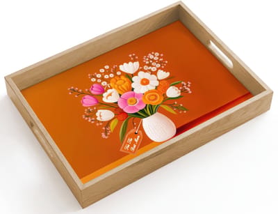 Dienblad hout 40x30 cm - Schootdienblad - Vaas - Bloemen - Oranje - Borrelplank rechthoek - Plateau dienbladen