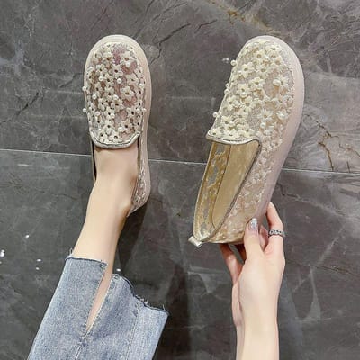 Mesh Borduurwerk Zachte Zool Uitgeholde Flats Dames Stoffen Schoenen Ondiepe Mond Eén Voet op Bonenschoenen Eenvoudig Casual Lente en Zomer 40 abrikoos