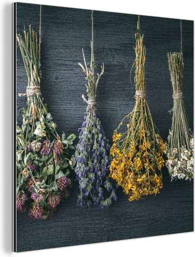 Aluminium schilderij 90x90 cm - Wanddecoratie metaal - Droogbloemen - Bloemen - Boeket - Stilleven - Touw - Bundel - Metalen muurdecoratie woonkamer - Decoratie industrieel - Foto op dibond - Industriële accessoires slaapkamer