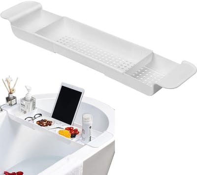 MIVRAY Badplanken - Uitrekbare Badplank Bad Caddy Badrek Met Ruime Opbergruimte Voor Badaccessoires En Keukengerei, Multifunctionele Badplank, Kunststof, Wit