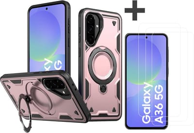 Hoesje Geschikt voor Samsung Galaxy A36 met 3 Stuks gehard glas Screenprotectors - Armor hoes met Ringhouder - Arara backcover - Rosegoud