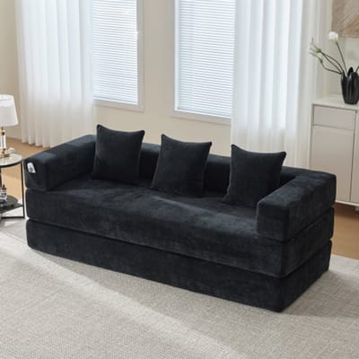 Modulaire 2-zitsbank - Chenille loungebank - Vrij combineerbaar - Schuimvulling en zijvakken – Woonkamer – 198 x 79 x 60 cm – Zwart