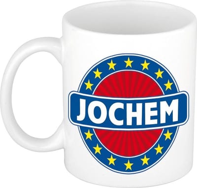 Bellatio Decorations - Jochem voornaam - koffiemok - beker - wit/blauw - 300 ml - Cadeau - Heren - Collega - Vaderdag - Verjaardag
