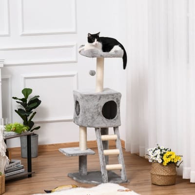 REDOM - Kattenkrabpaal - pluche - met huisje - 50L x 40B x 120H cm LIGHT GREY