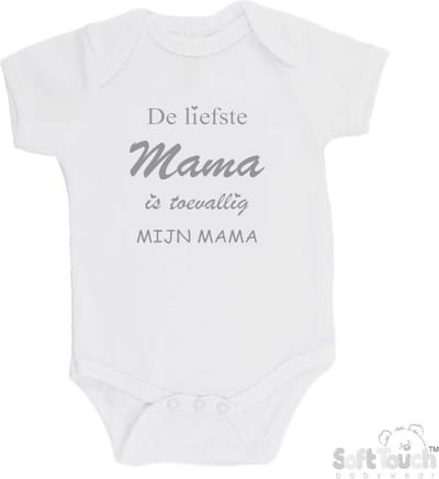100% katoenen Romper "De liefste mama is toevallig mijn mama" Unisex Katoen Wit/grijs Maat 62/68