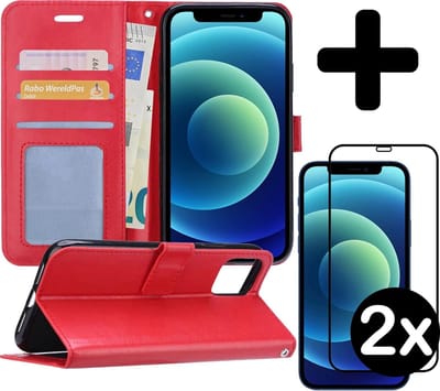 Hoesje - Met 2x Screenprotector - Geschikt voor Apple iPhone 12 - Luxe Pasjeshouder - Flip Case - Bookcase Portemonee - Kunstleer Book Case - Flipcase Hoes - Book Cover - Walletcase - Portemonneehoes - Telefoonhoes - Rood
