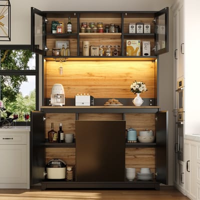OKWISH Keukenkast Dressoir - Met Acryl Deuren En Ledverlichting - Voor Keuken Woonkamer Werkkamer - MDF Metaal Zwart - 120x40x180 cm