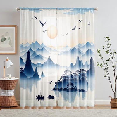 2-delige set van high-definition digitale oosterse esthetiek mistblauw landschapsschilderij print raamscherm Woondecoratiestijl W52H63inchW132H160cm white
