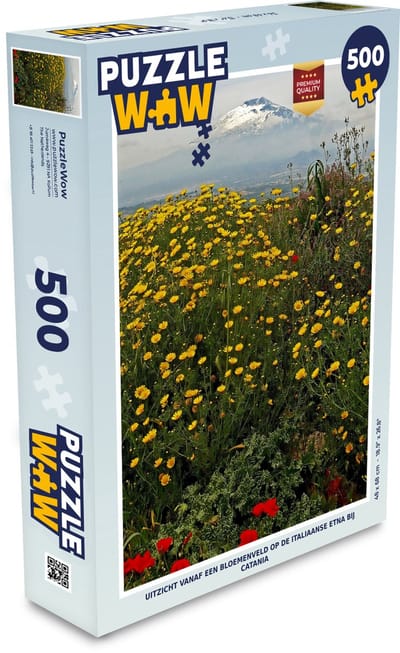 Puzzel Uitzicht vanaf een bloemenveld op de Italiaanse Etna bij Catania - Legpuzzel - Puzzel 500 stukjes