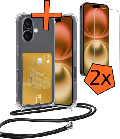 Hoesje Geschikt voor iPhone 16 Hoesje Met Telefoonketting Pasjeshouder Shockproof Case Met 2x Screenprotector Koord - Hoesje Geschikt voor iPhone 16 Hoes Met Kaarthouder - Transparant