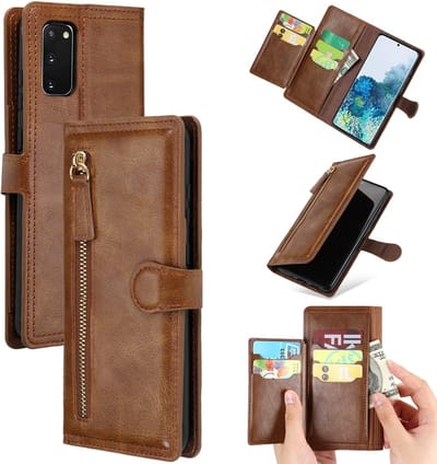Premium vintage portemonnee hoesje met ritssluiting flip-cover hoes met kaarthoudersleuven Geschikt voor: Samsung Galaxy S21FE - donker bruin