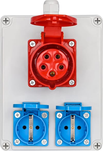 Wandgemonteerde stroomverdeler 16A | CEE 5-polig 400V + 2× Schuko | IP67 Behuizing | ABS | Voor Bouw & Industrie
