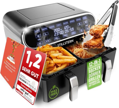 Stillstern Heteluchtfriteuse 2 kamers 8L Dual Zone Airfryer XXL (DE-versie), 2400W, Uitstekend 1,2 (Zeer goed), Friteuse Air Fryer, Receptenboek, Ontdooien & Warmhouden Heteluchtfriteuse Dubbele kamer, Air Fryers