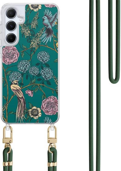 Hoesje met koord geschikt voor Samsung Galaxy A35 5G - Vogels Japanse bloemen - Inclusief Groen koord - Crossbody beschermhoes - Transparant, Groen - Mooie Telefoonhoesjes
