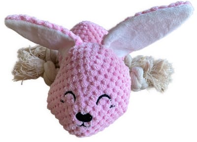 BoDutch Honden knuffel - Konijn - Puppyknuffel - Flostouw - Knisperoortjes - Met piep - Roze - 21 cm - Hondenspeelgoed