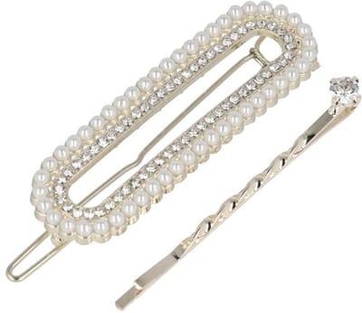Haarsoires Haarspeld Haarclip 6cm - Recht Parel Strass Steentjes - Zilver Wit – Set van 2 - Hair Clip - Decoratieve Haaraccessoire