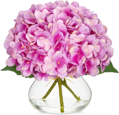 Kunstbloemen met 4 hortensia's in glazen vaas - Realistische 3D-print hortensiabloemen voor bruiloften, thuisdecoratie en feestelijke bloemstukken